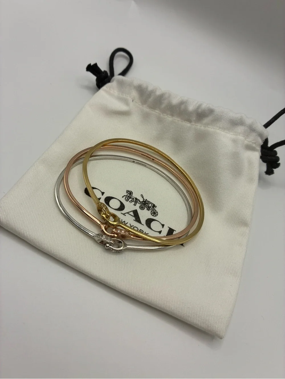 Coach Tri‑Tone Slim Bangle Set — Gold, Rose Gold & Silver